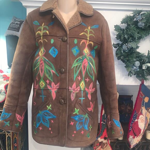 Unique VINTAGE 80's HANDPAINTED SHEEPSKIN SHEARLING Jacket from U.K. - Picture 1 of 10
